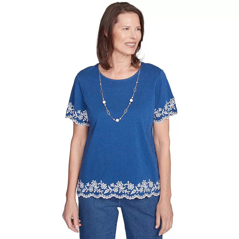 Petite Alfred Dunner Embroidered Border Top with Necklace, Women's,  Product Image