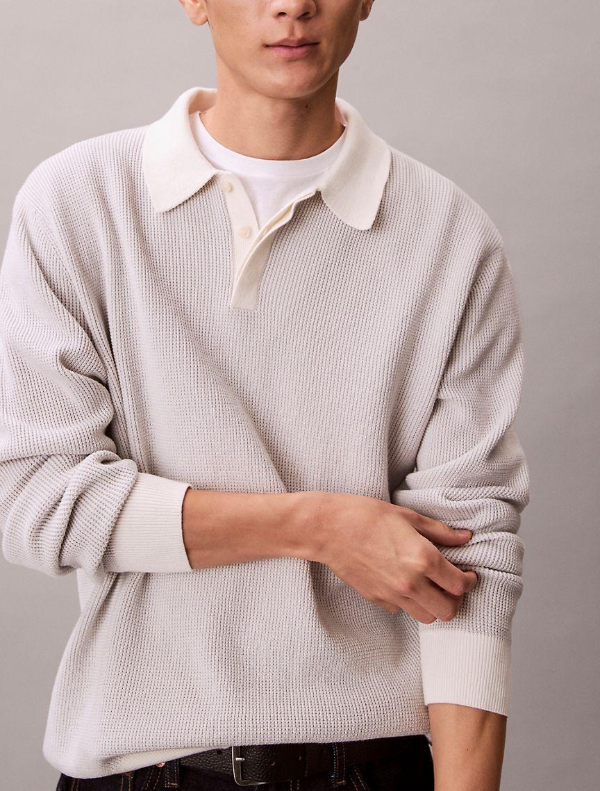 Smooth Cotton Waffle Polo Sweater Product Image