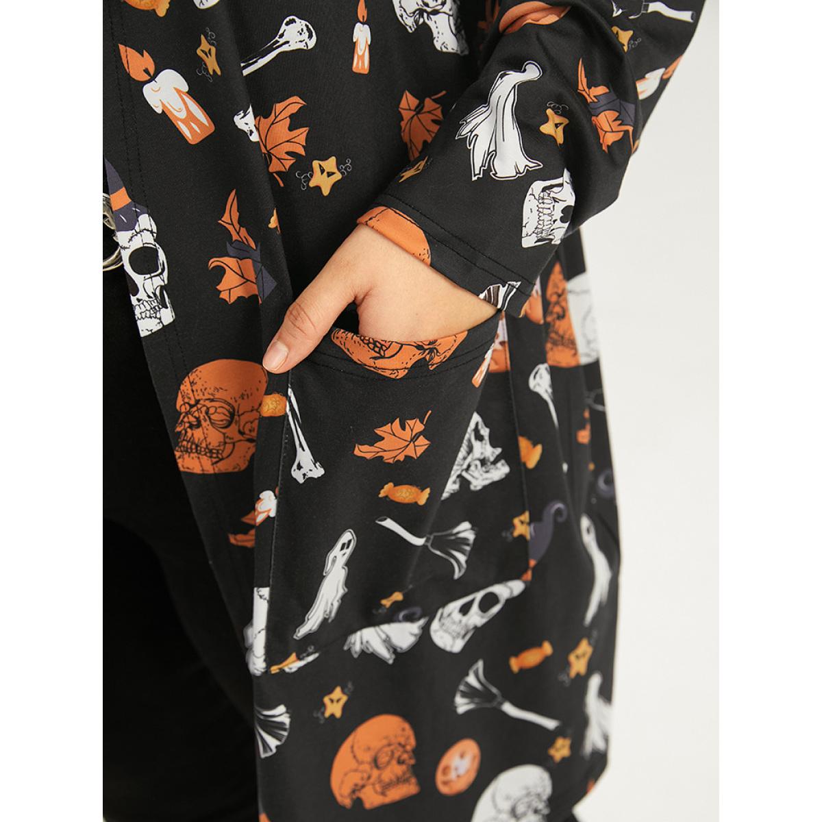 Plus Size Halloween Graphic Patched Pocket Tunic Kimono Women Black Casual Drape Pocket Dailywear Kimonos BloomChic 10/M Product Image
