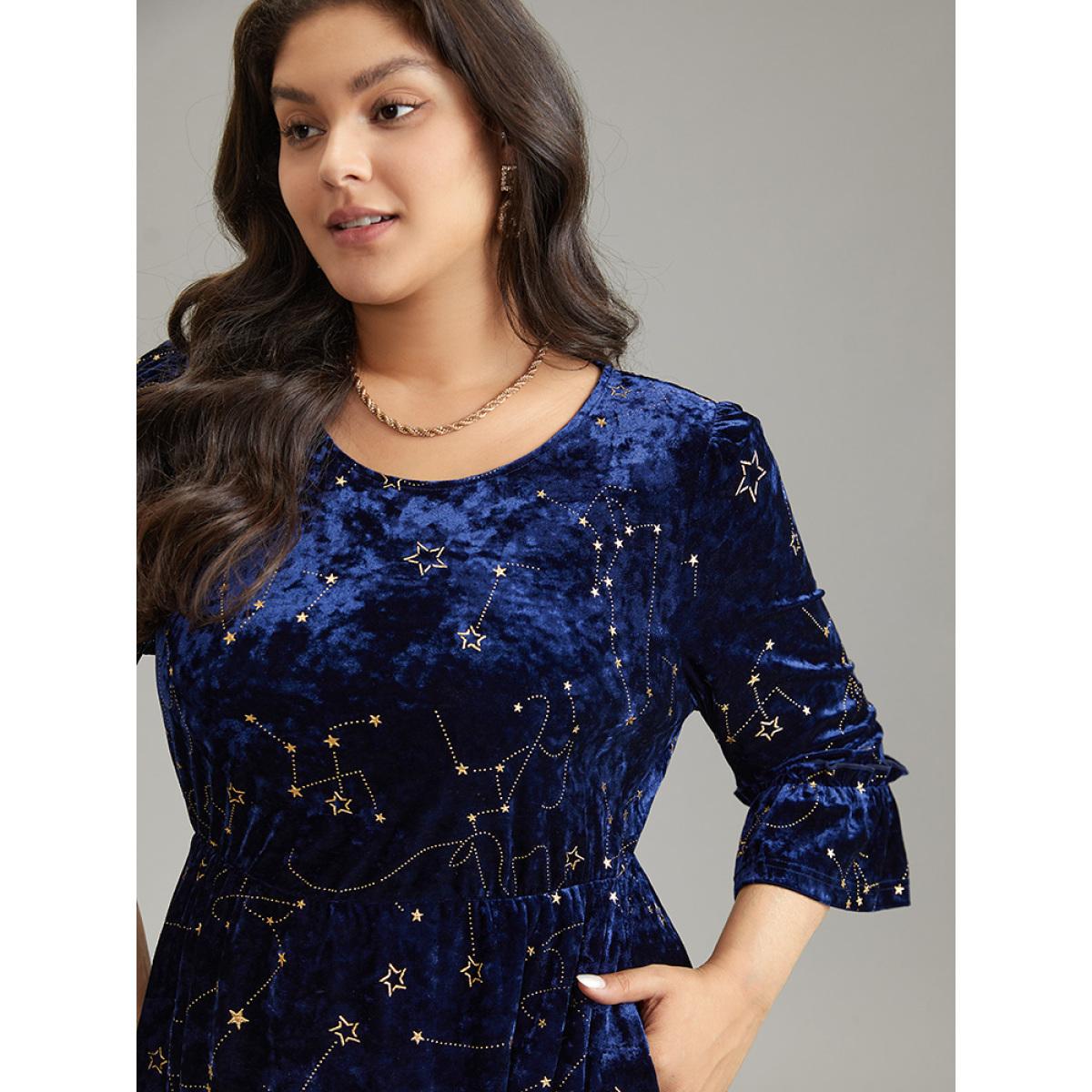 Plus Size Star Velvet Glitter Elastic Waist Crew Neck Dress Midnight Women Cocktail Velvet Round Neck Elbow-length sleeve Curvy Midi Dress BloomChic 22-24/3X Product Image
