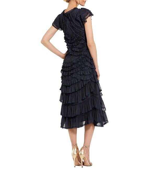 Mac Duggal Mesh Cap Sleeve Micro Ruffle Midi Dress Product Image