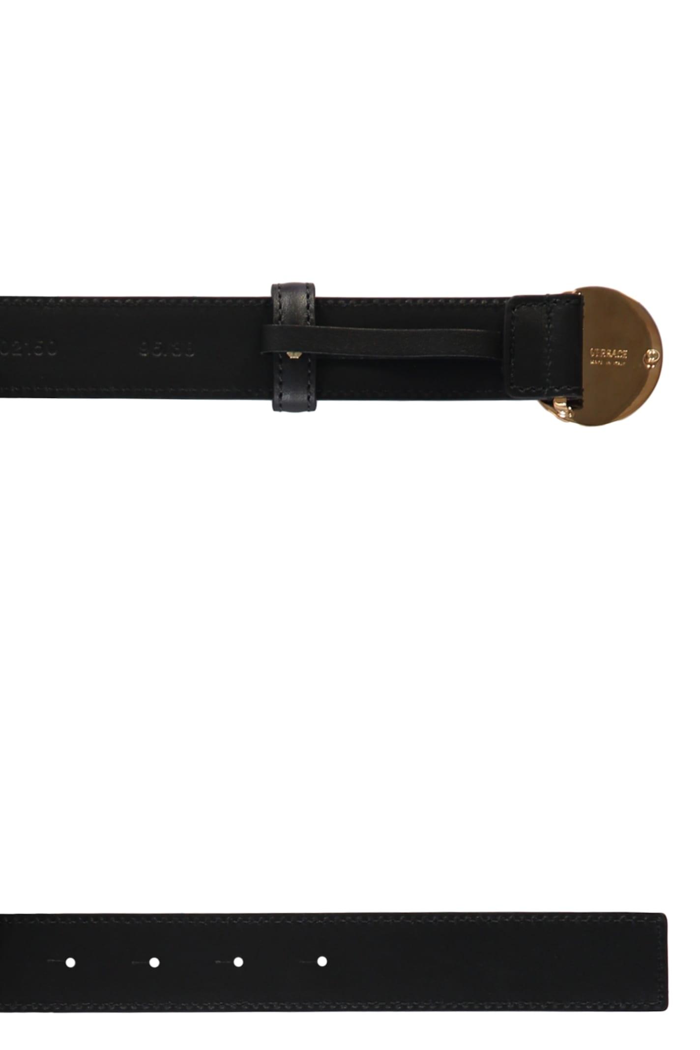 VERSACE Medusa Streamlined Leather Belt With Adjustable Length And Gold-tone Buckle In Black Product Image