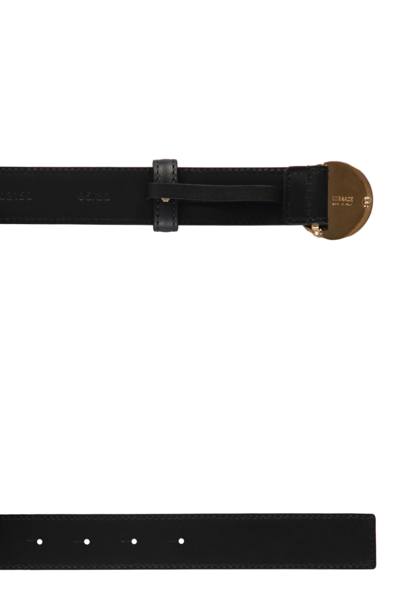 VERSACE Medusa Streamlined Leather Belt With Adjustable Length And Gold-tone Buckle In Black Product Image