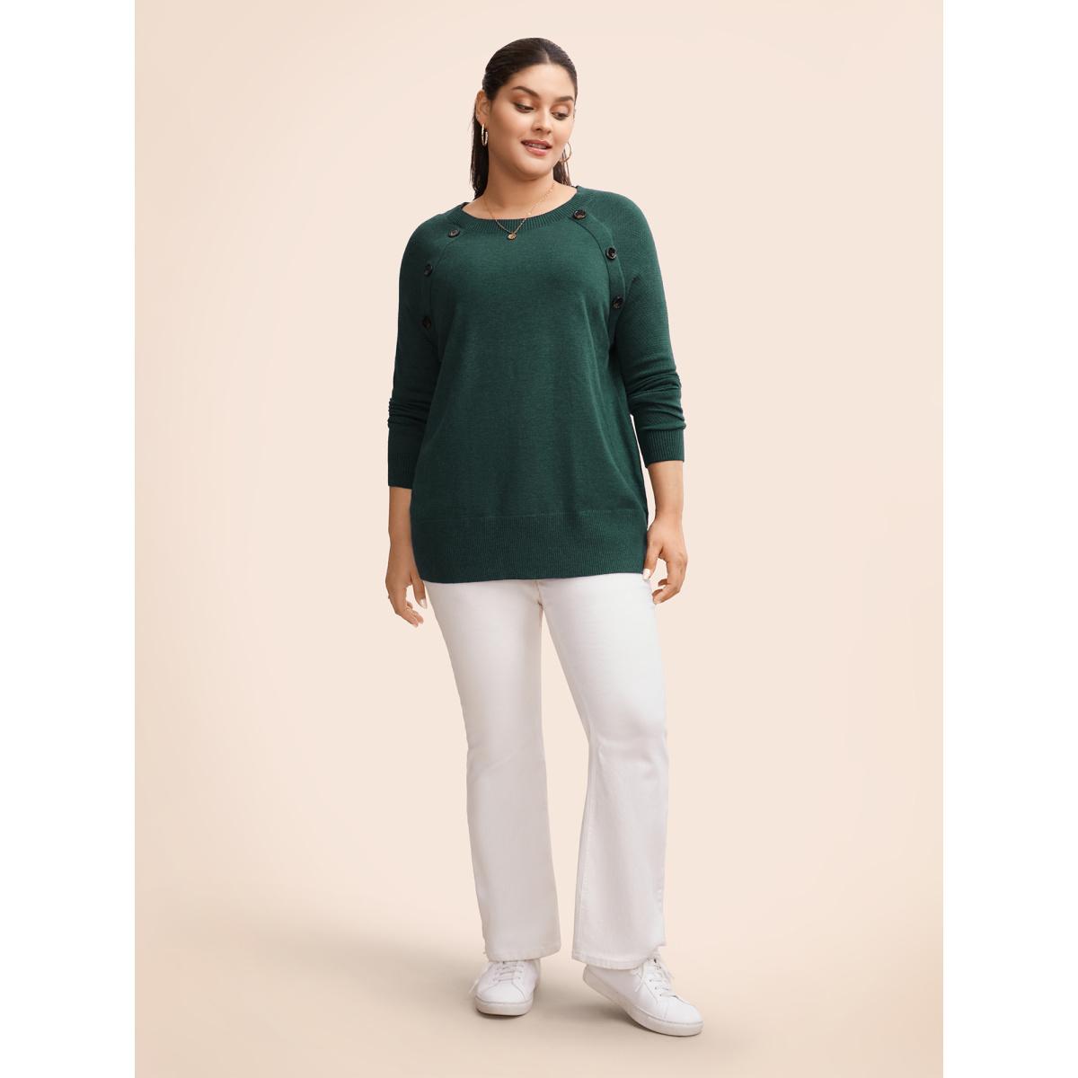 Plus Size Supersoft Essentials Button Detail Raglan Sleeve Pullover DarkGreen Women Casual Long Sleeve Round Neck Dailywear Pullovers BloomChic 26/4X Product Image