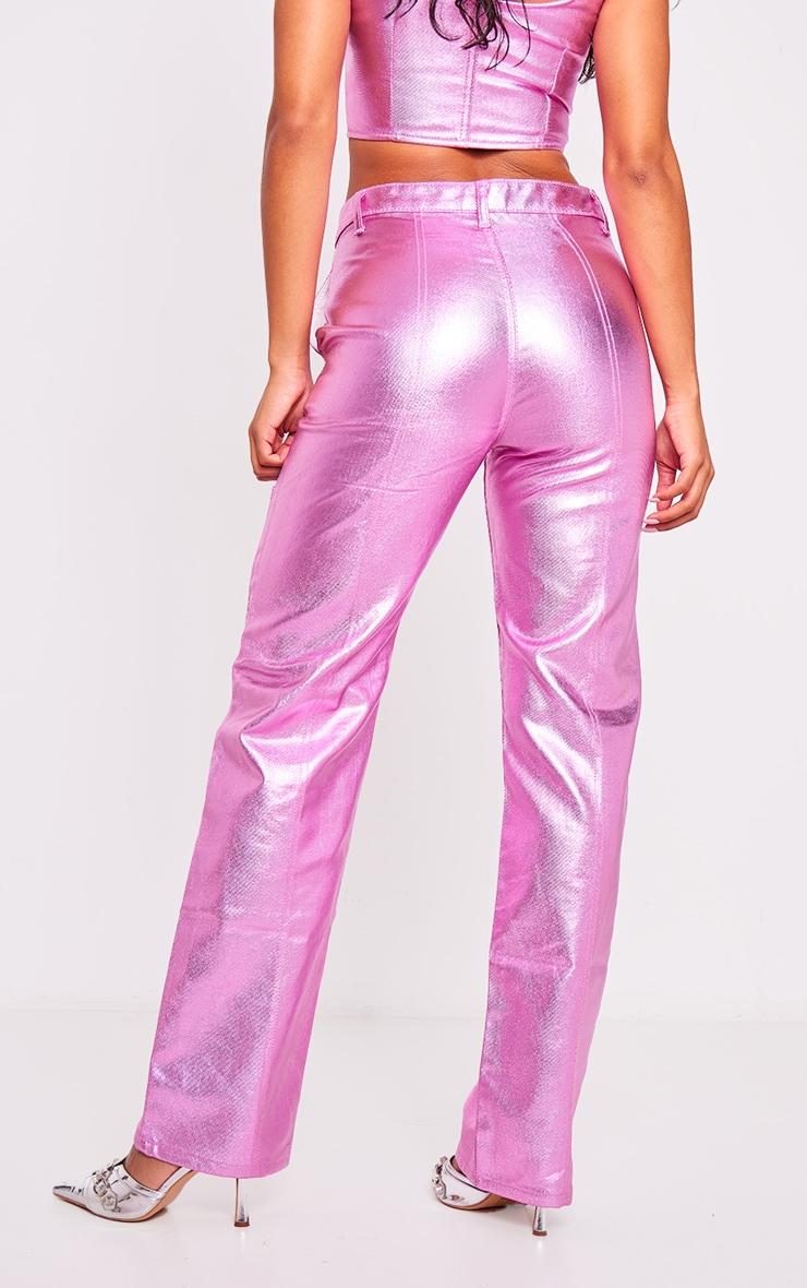 Pink Metallic Denim Stitch Detail Straight Leg Jeans Product Image