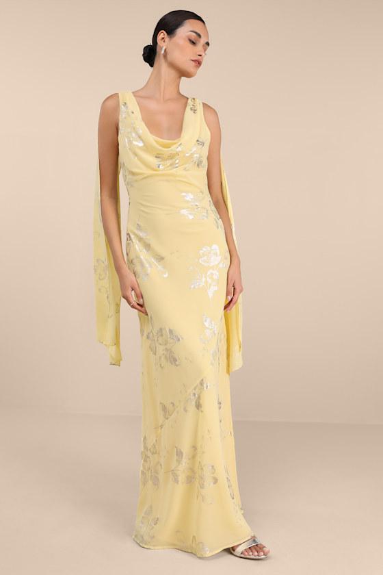 Sidonia Yellow and Gold Floral Cowl Sash Maxi Dress Product Image
