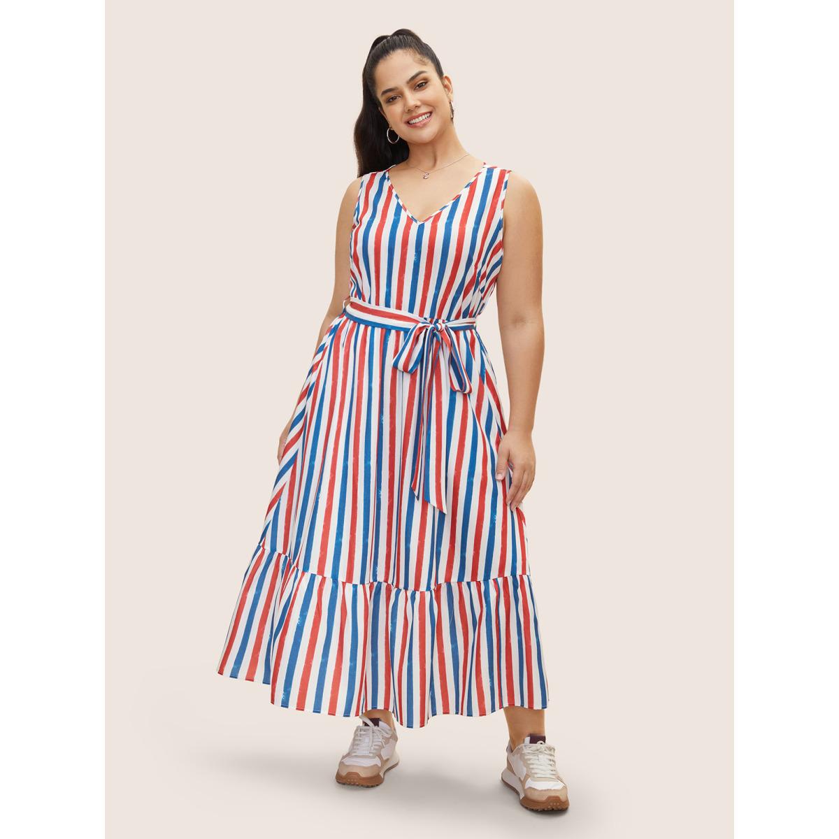 Plus Size V Neck Contrast Striped Tank Dress Multicolor Women Casual Tiered V-neck Sleeveless Curvy BloomChic 28/5X Product Image
