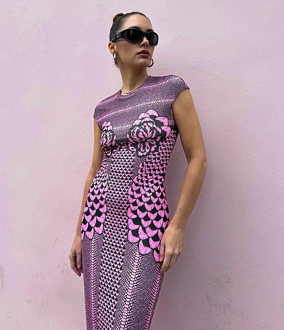 AFRM Cody Petal Print Mesh Crew Neck Cap Sleeve Dress Product Image