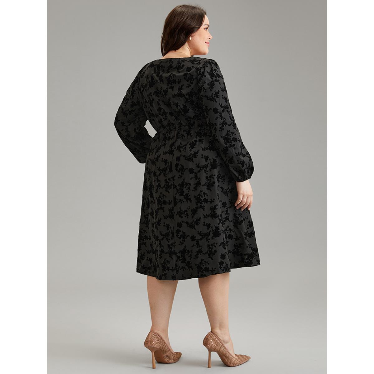 Plus Size Silhouette Floral Print Flocking Square Neck Gathered Dress Black Women Office Elastic cuffs Square Neck Long Sleeve Curvy Midi Dress BloomChic 12/L Product Image