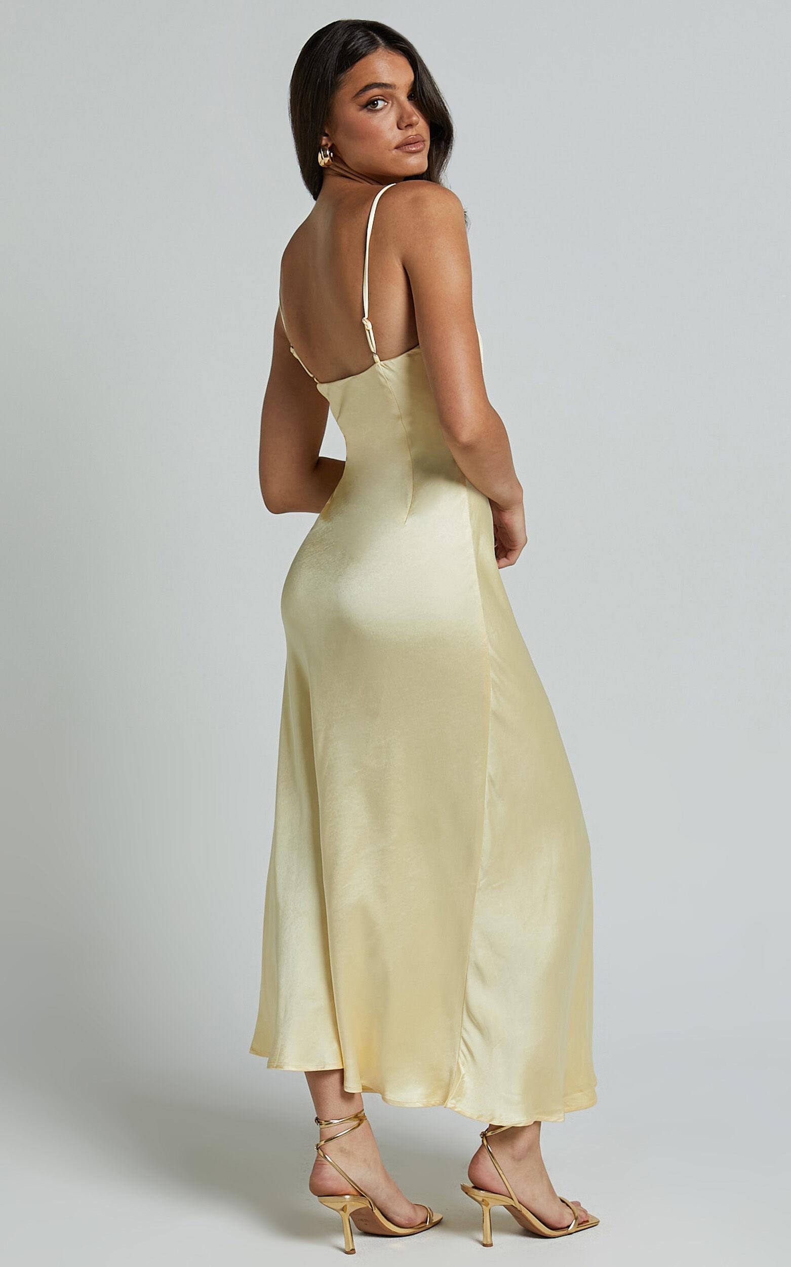Lorenzia Maxi Dress - Plunge Corset Underbust Detail Satin Dress in Lemon Product Image
