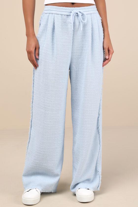 Trendsetting Aspect Light Blue Tweed Raw Edge Wide-Leg Pants Product Image