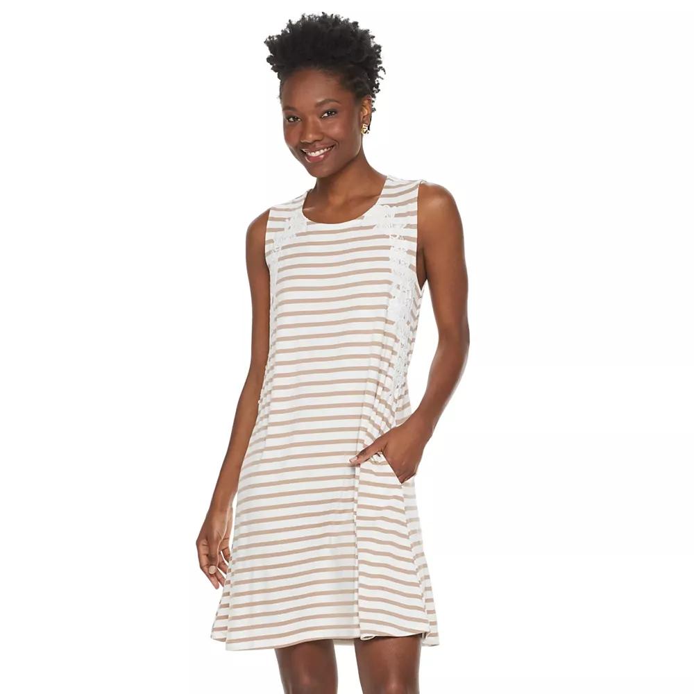 Women's Nina Leonard Striped Lace-Trim Swing Dress, Size: Small, Camel Ivory Product Image