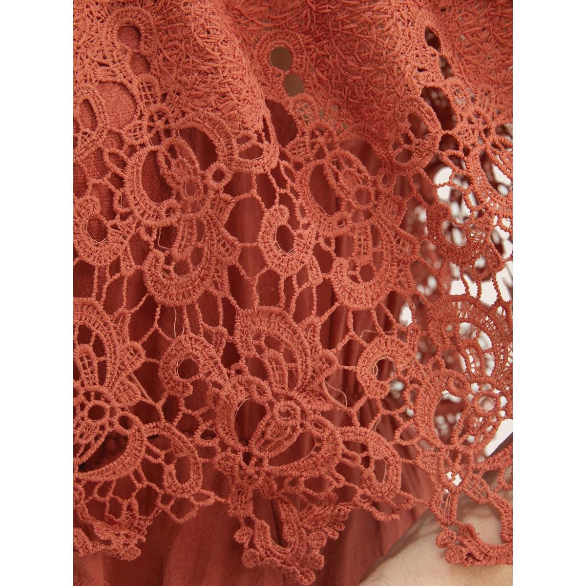 Plus Size Solid Cold Shoulder Contrast Lace Pocket Ruffle Hem Dress Chocolate Women Resort Broderie anglaise Non Short sleeve Curvy Midi Dress BloomChic 28/5X Product Image