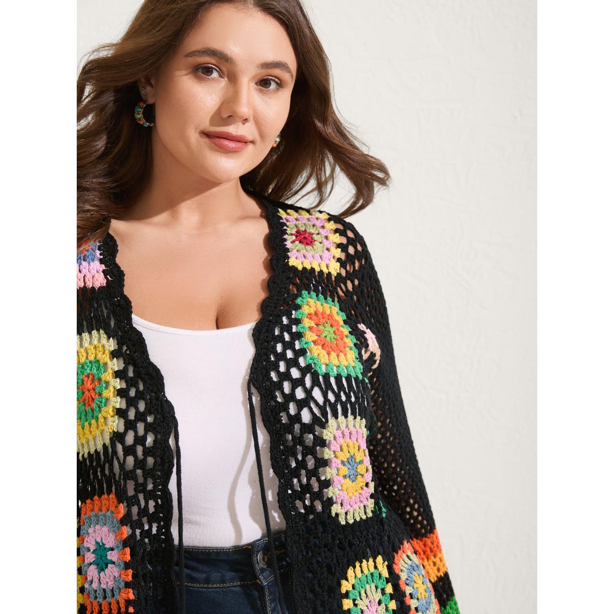 Plus Size Colorful Floral Crochet Tie Knit Cardigan Black Women Playful Loose Long Sleeve Vacation Cardigans BloomChic 22-24/3X Product Image