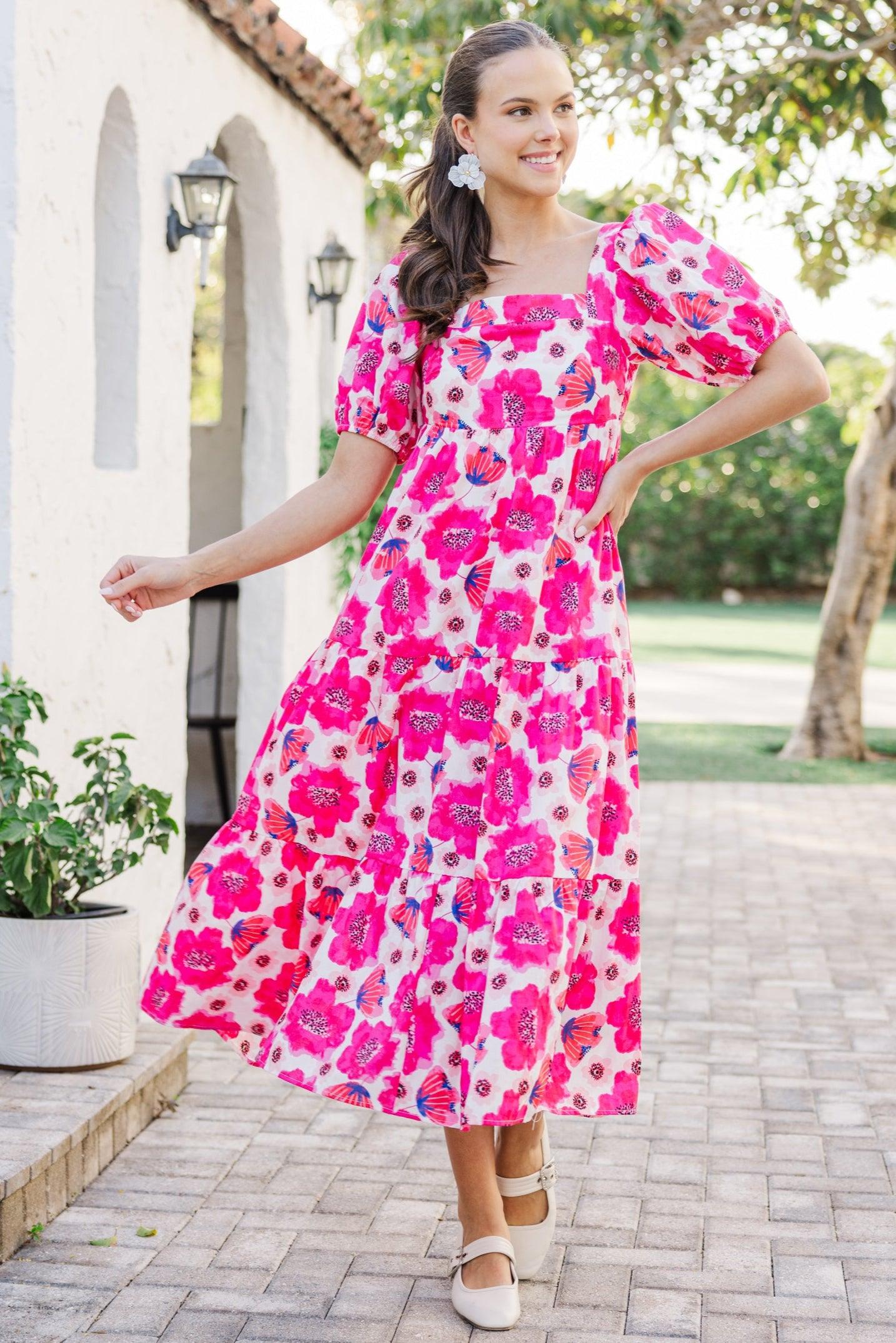 Answer The Call Hot Pink Floral Midi Dress Female Product Image