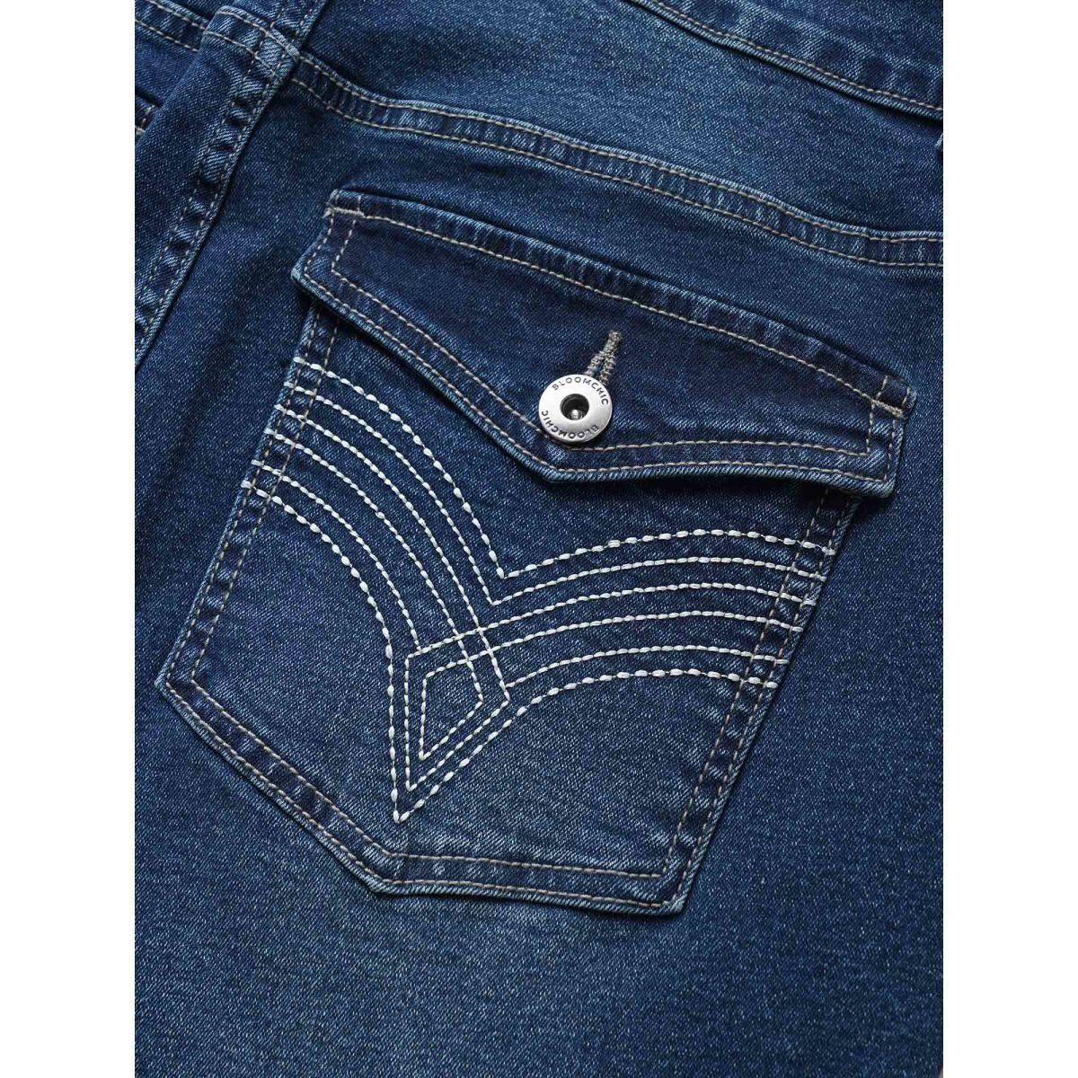 Plus Size Plain Pocket Embroidered Skinny Jeans Women Indigo Casual Plain Non High stretch Slanted pocket Jeans BloomChic 30/6X Product Image