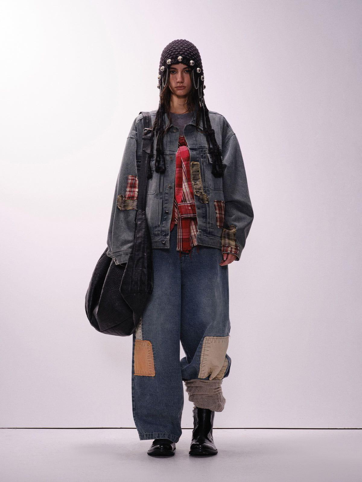 Aelfric Eden Plaid Patchwork Denim Jacket Product Image