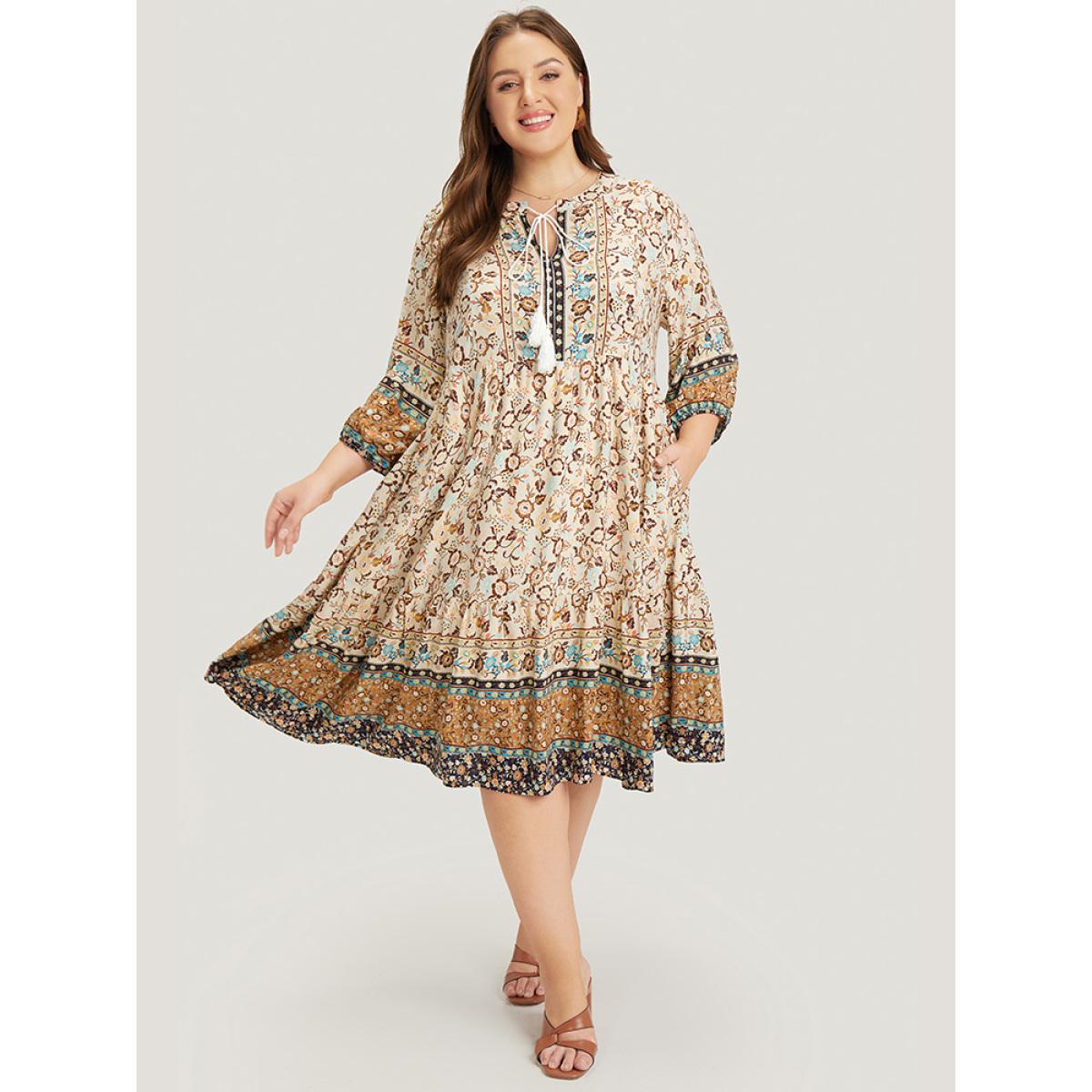 Plus Size Bandana Tassels Ties Neck Pocket Ruffle Hem Dress Indigo Women Vacation Tassels Tie Neck Elbow-length sleeve Curvy Midi Dress BloomChic 12/L Product Image