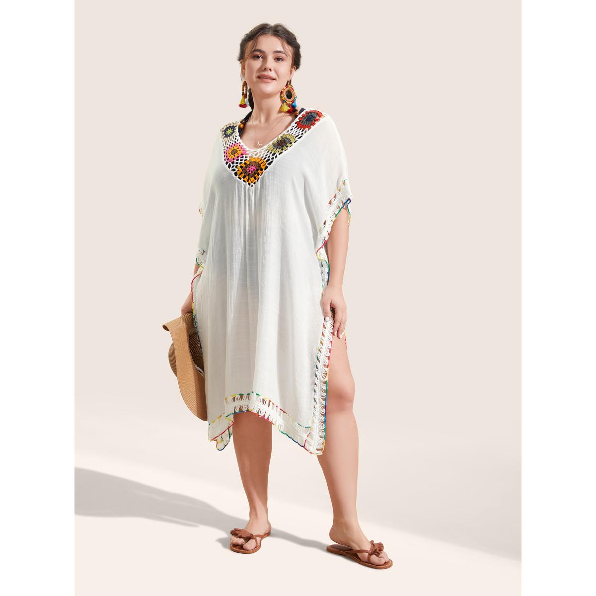 Plus Size Colored Crochet Slit Hem Swim Cover Up Women's Swimwear Originalwhite Beach Loose Crochet Curve Swim Cover Ups BloomChic 10/M Product Image