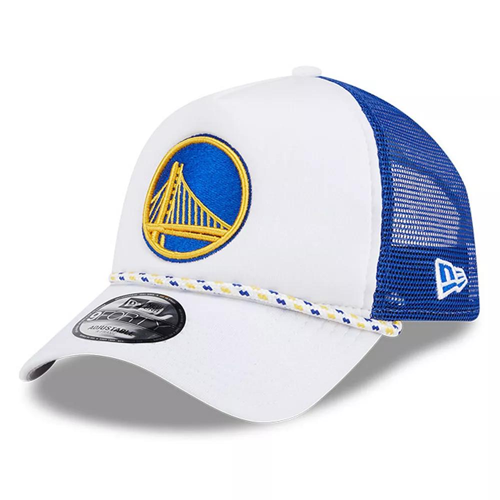 Men's New Era White/Royal Golden State Warriors Court Sport Foam A-Frame 9FORTY Adjustable Trucker Hat Product Image
