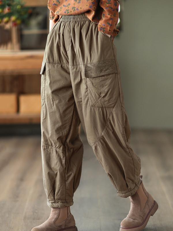 Vintage Loose Split-Joint Solid Color Elastic Waist Padded Harem Pants Product Image