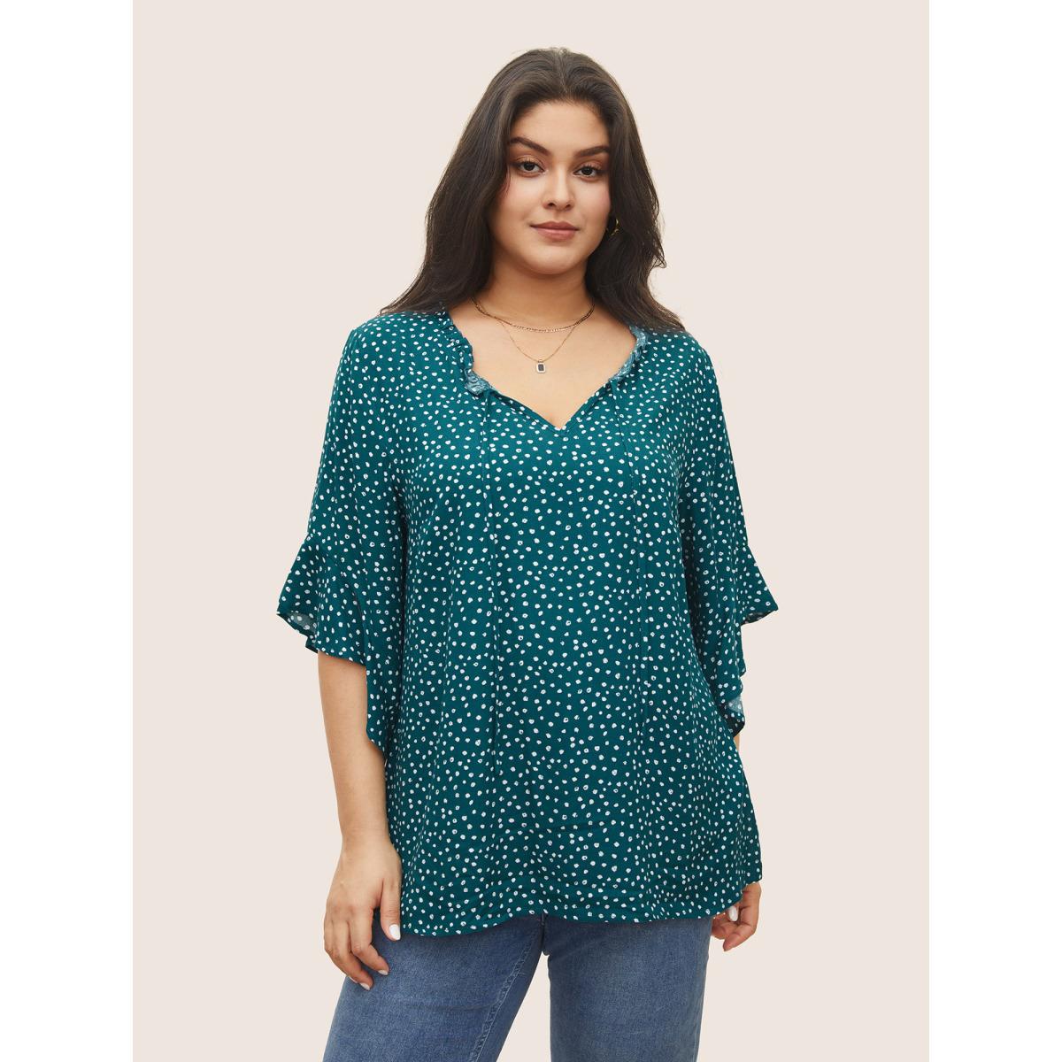 Plus Size Emerald Tie Neck Polka Dot Patchwork Ruffle Sleeve Blouse Women Elegant Half Sleeve V-neck Everyday Blouses BloomChic 12/L Product Image