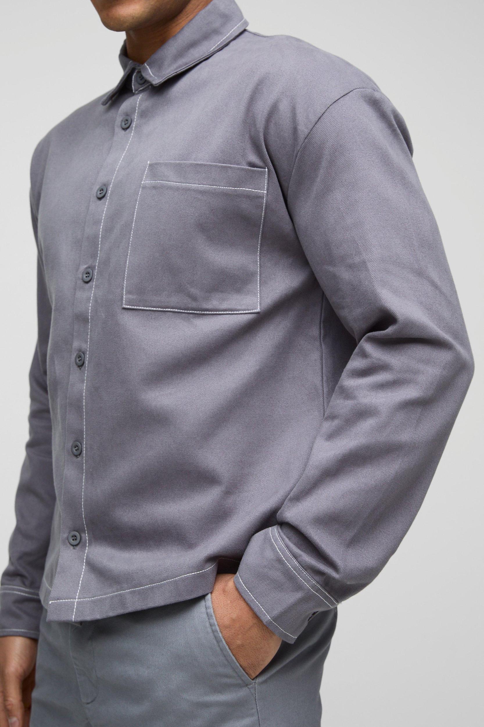 Regular Fit Contrast Stitch Twill Overshirt | boohooMAN USA Product Image