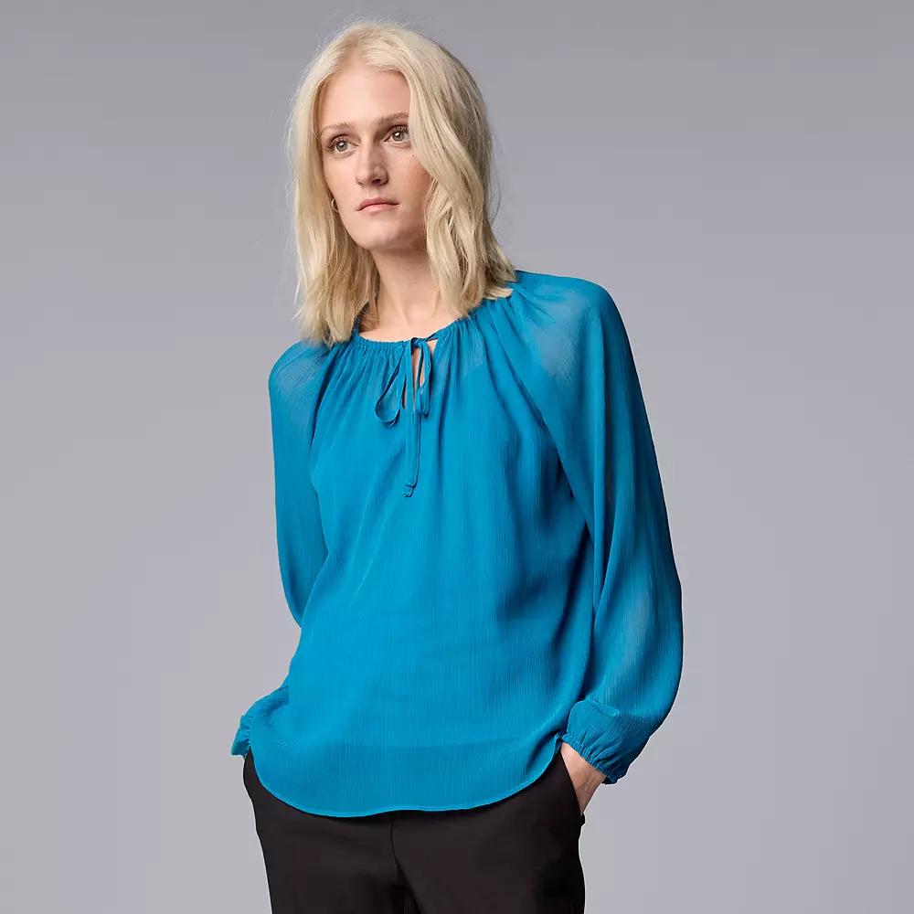 Women's Simply Vera Vera Wang Tie Front Shirred Blouse, Size: Medium, Timor  Blue Product Image