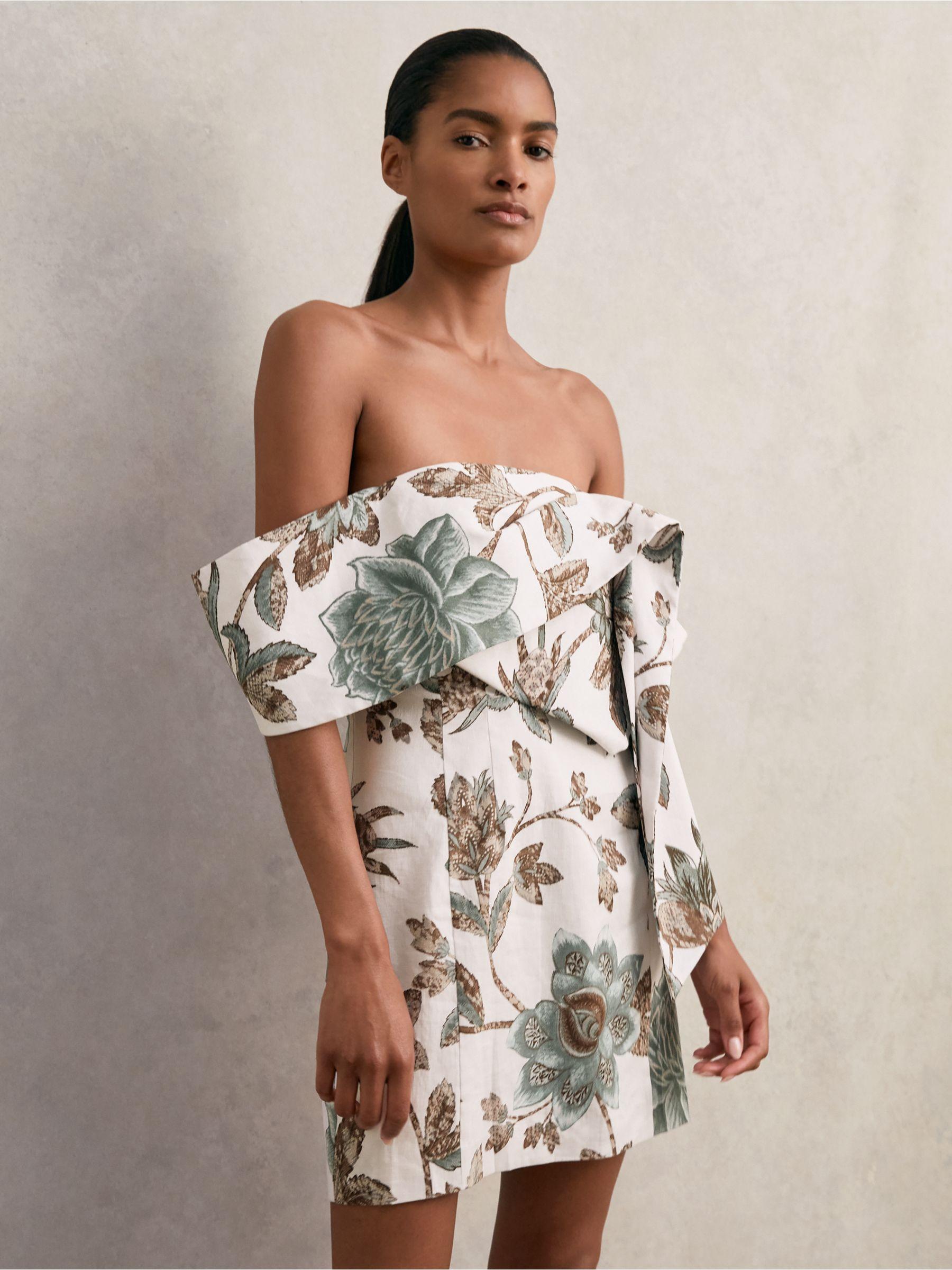 Sculpted Off-Shoulder Floral Mini Dress Linen-Cotton in Ivory Product Image