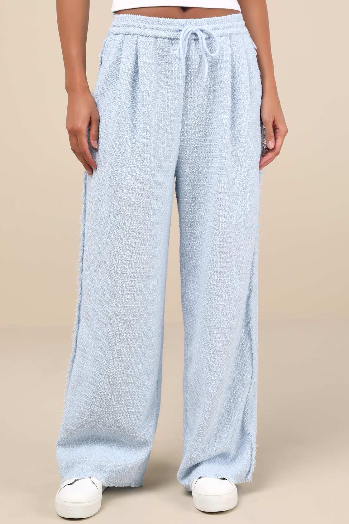 Trendsetting Aspect Light Blue Tweed Raw Edge Wide-Leg Pants Product Image