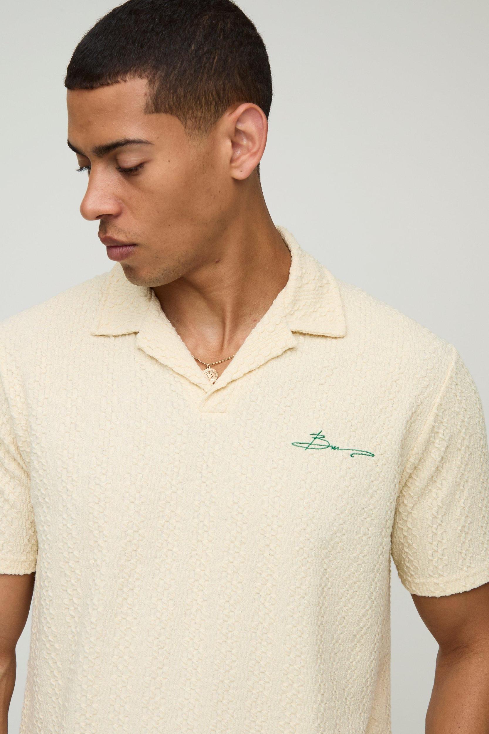 Boxy Embroidered Revere Textured Polo & Relaxed Shorts Set | boohooMAN USA Product Image