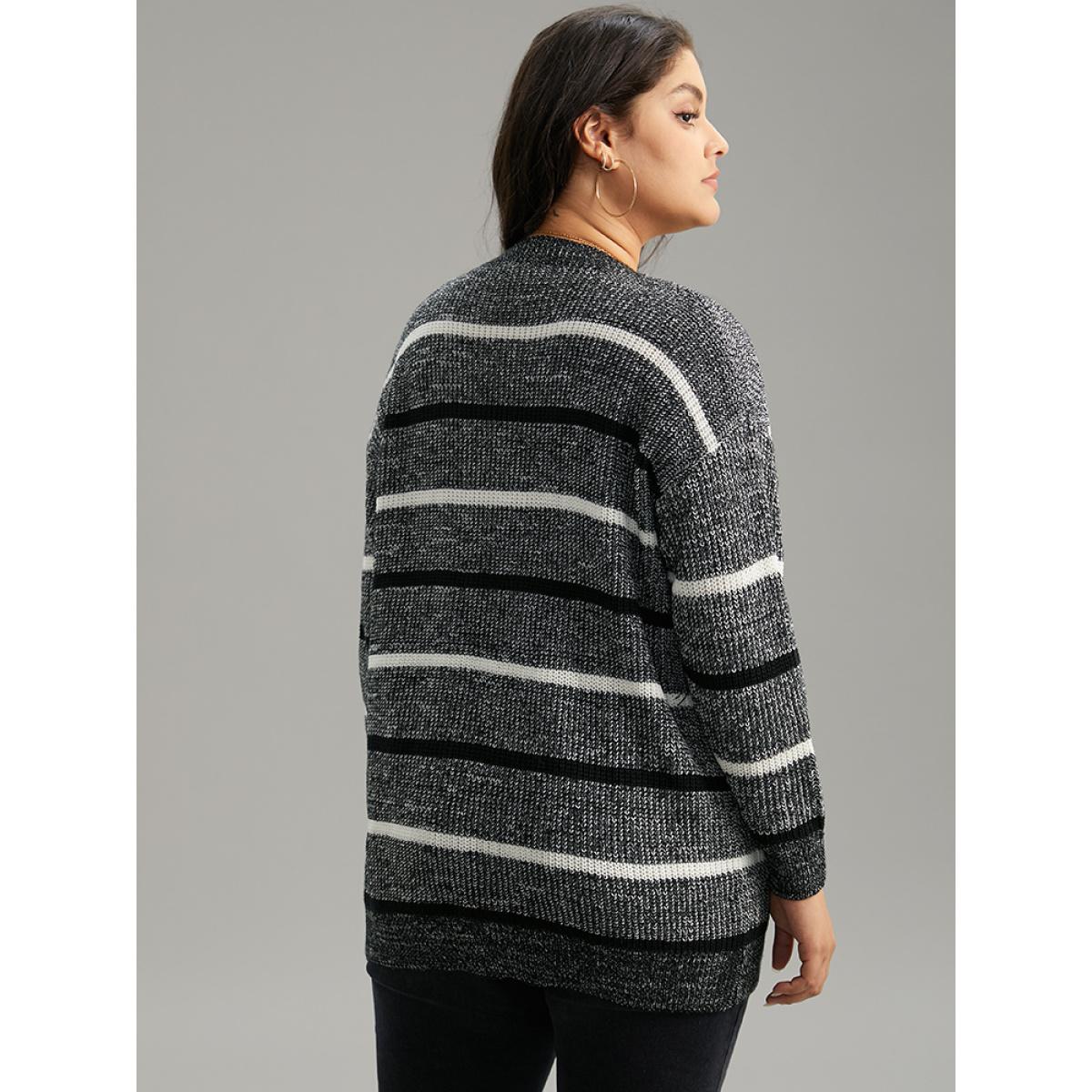 Plus Size V Neck Striped Contrast Heather Pullover Black Women Casual Loose Long Sleeve V-neck Dailywear Pullovers BloomChic 12/L Product Image