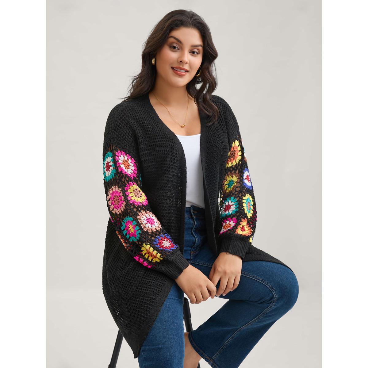 Plus Size Crochet Floral Drop Shoulder Cut Out Cardigan Black Women Playful Loose Long Sleeve Casual Cardigans BloomChic 28/5X Product Image