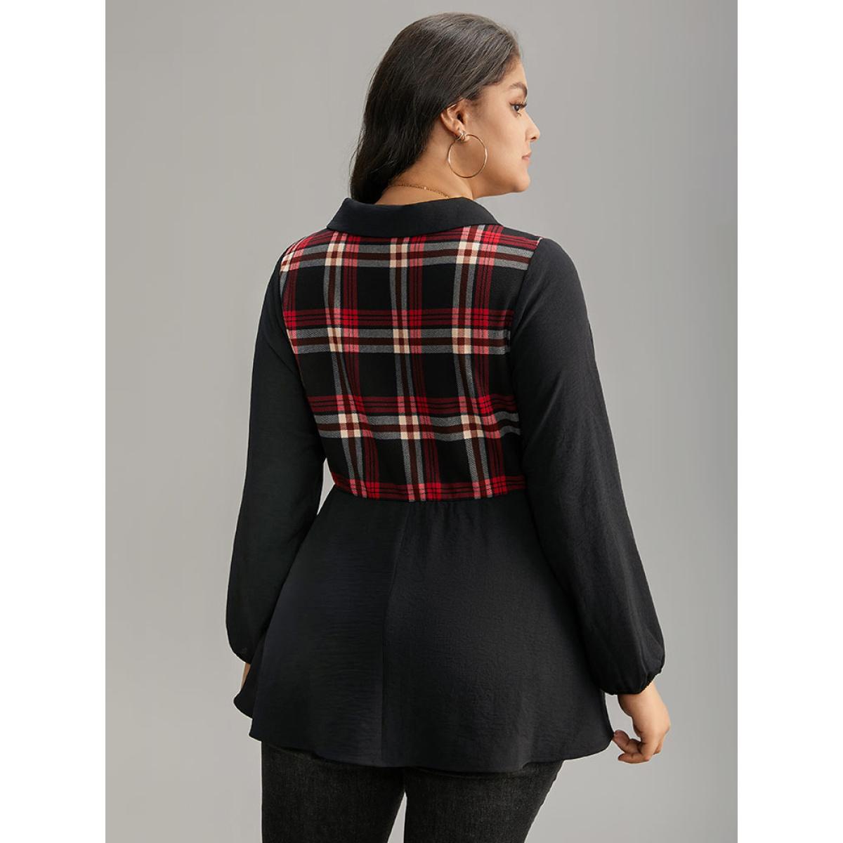 Plus Size Black Plaid Patchwork Lapel Collar Lantern Sleeve Blouse Women Office Long Sleeve Lapel Collar Office Blouses BloomChic 14-16/1X Product Image