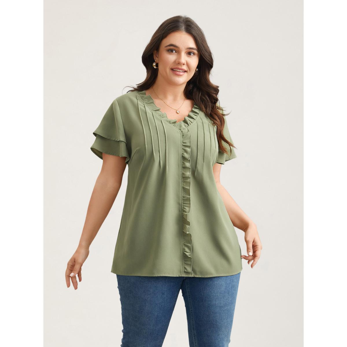 Plus Size Sage Ruffled Neck Toothpick Pleats Lotus Leaf Sleeve Shirt Women Elegant Short sleeve V-neck Everyday Blouses BloomChic 26/4X Product Image