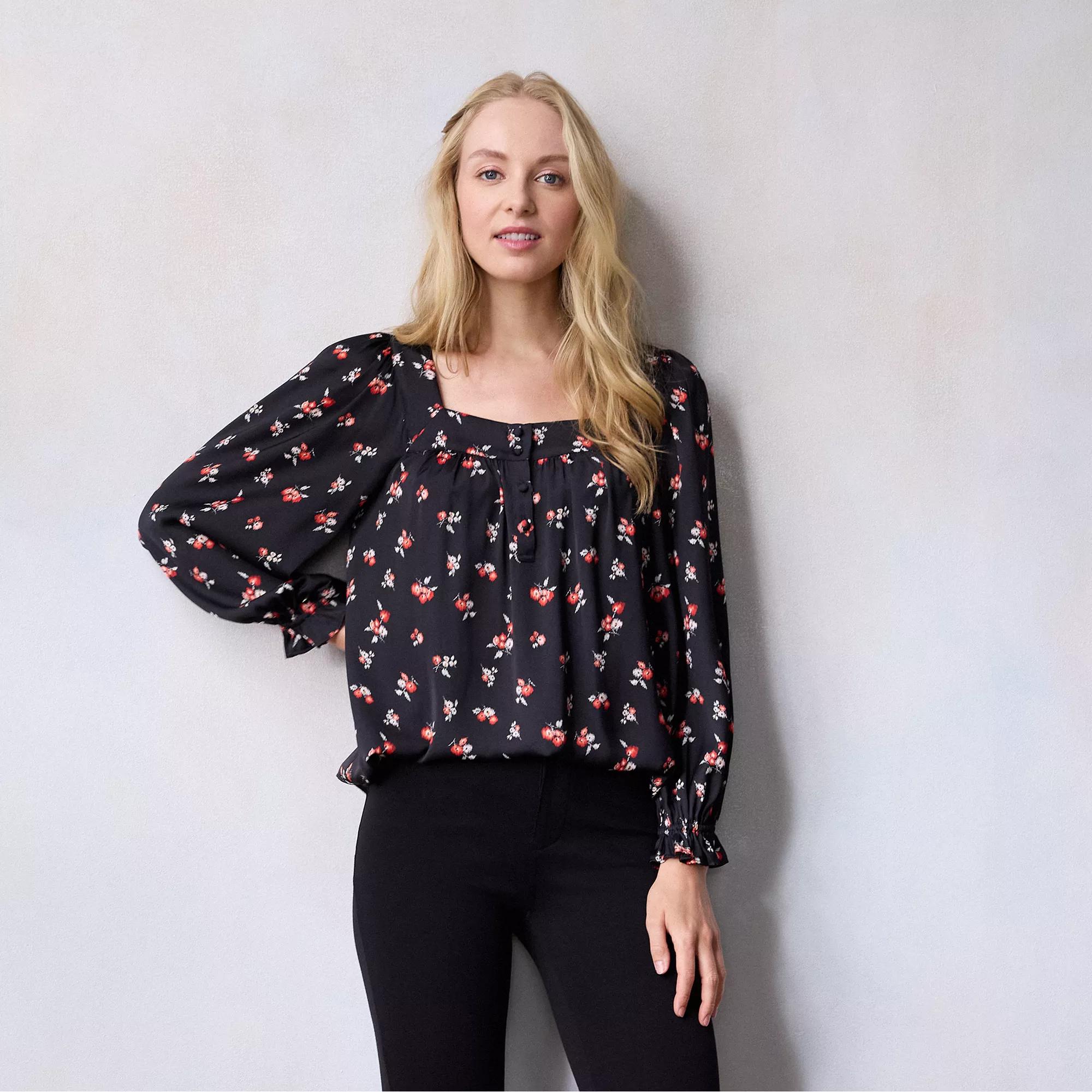 Women's LC Lauren Conrad Henley Puff Sleeve Peasant Top,  Product Image