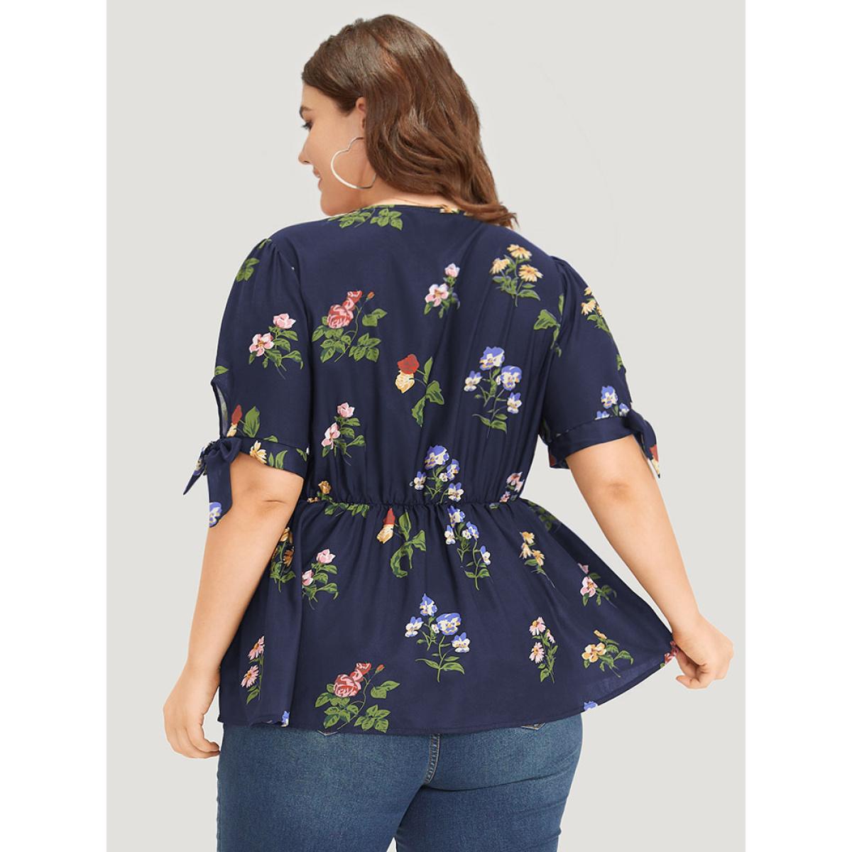 Plus Size Indigo Floral Print Knot Gathered Elastic Waist Blouse Women Elegant Short sleeve V-neck Dailywear Blouses BloomChic 14-16/1X Product Image