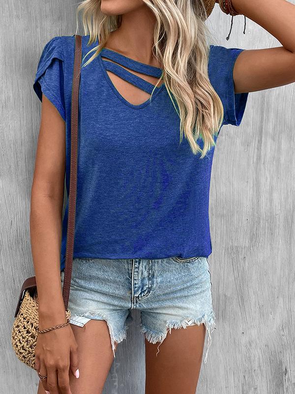 Loose Short Sleeves Solid Color V-Neck T-Shirts Tops Product Image