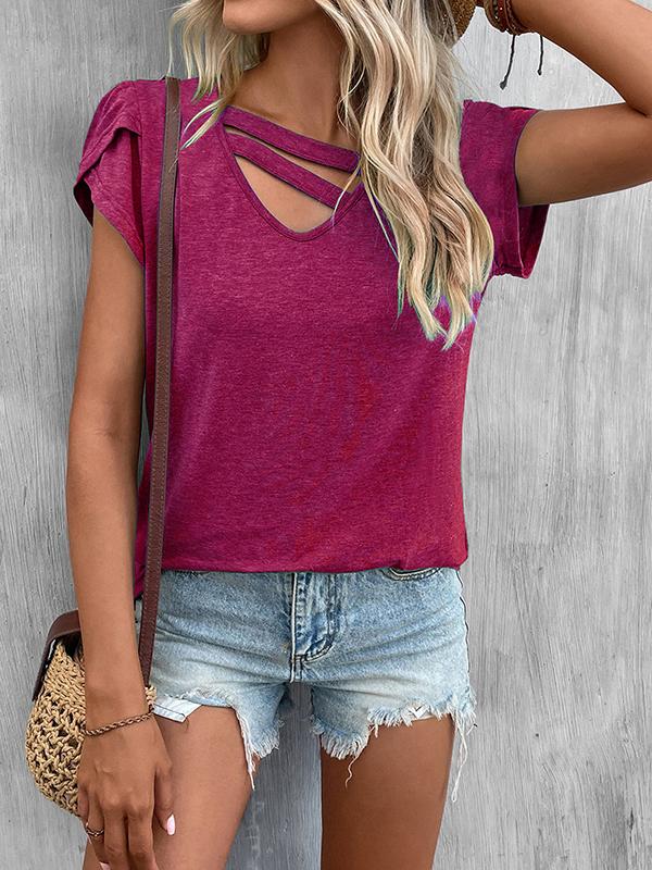Loose Short Sleeves Solid Color V-Neck T-Shirts Tops Product Image