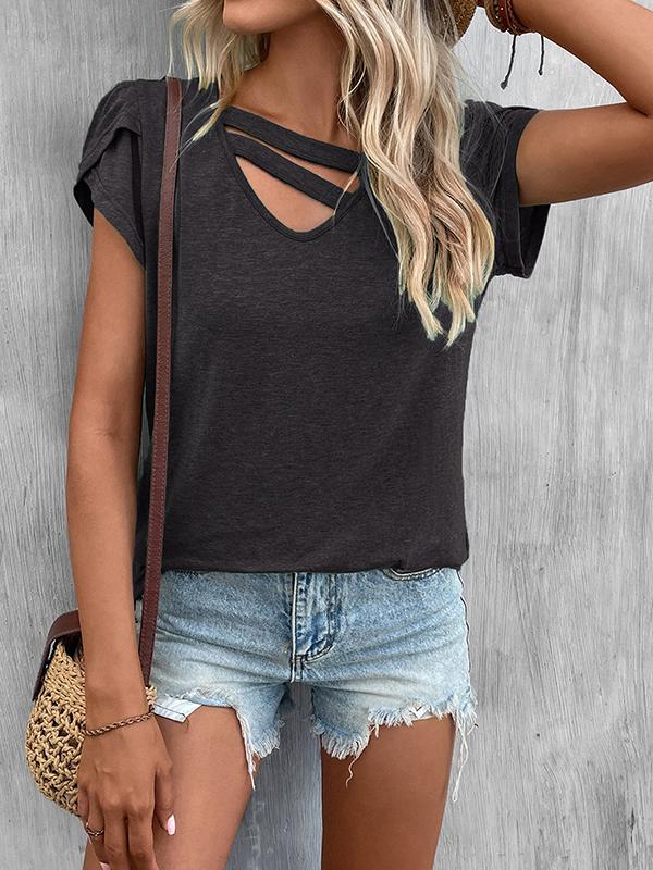 Loose Short Sleeves Solid Color V-Neck T-Shirts Tops Product Image