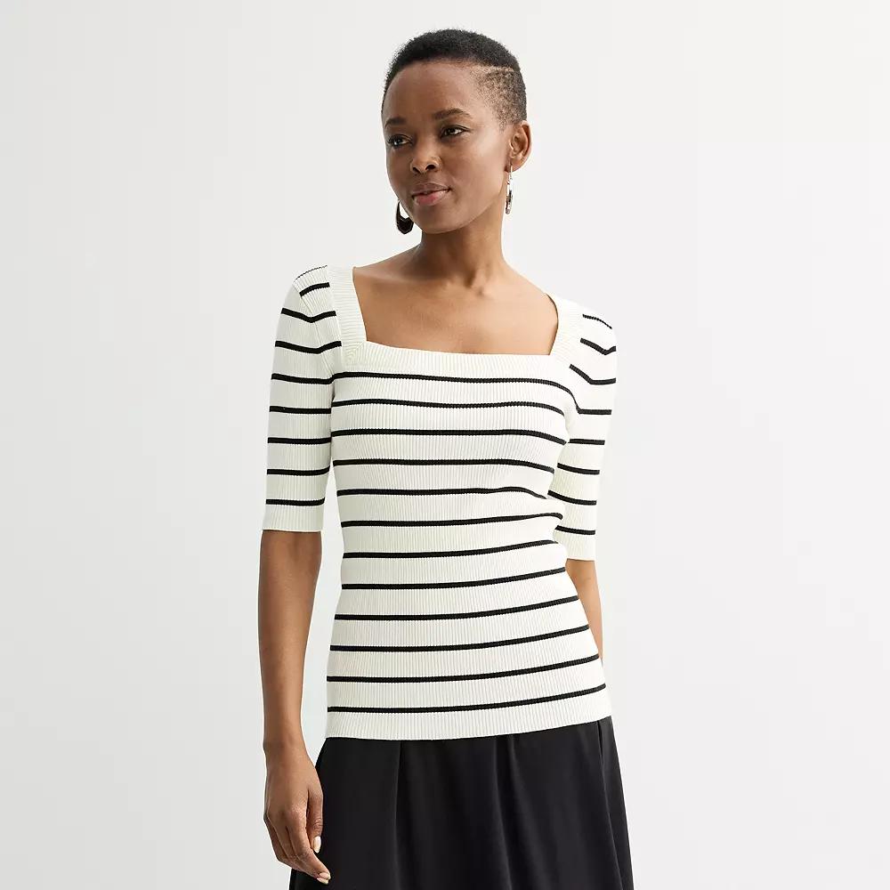Women's Nine West Square Neck Ribbed Short Sleeve Sweater, Size: XXL, White Black Product Image