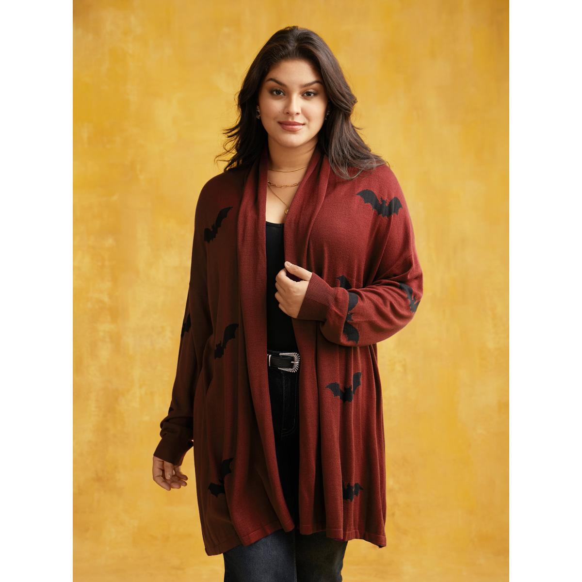 Plus Size Supersoft Essentials Halloween Bat Pattern Lapel Collar Cardigan Rust Women Playful Loose Long Sleeve Casual Cardigans BloomChic 30/6X Product Image