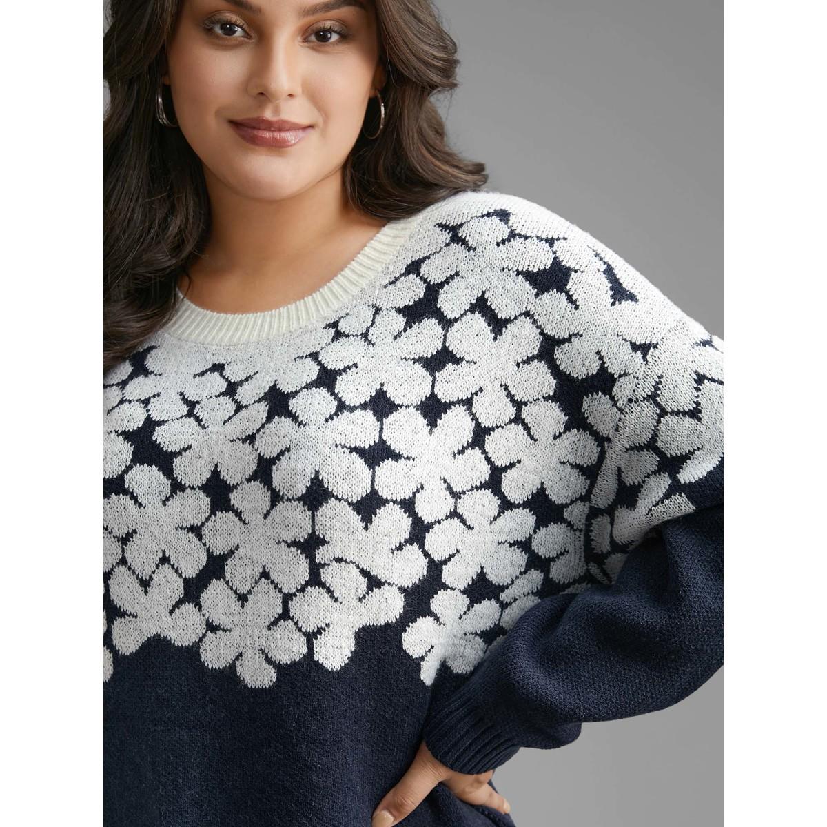 Plus Size Floral Contrast Patchwork Drop Shoulder Pullover Indigo Women Casual Loose Long Sleeve Round Neck Everyday Pullovers BloomChic 22-24/3X Product Image