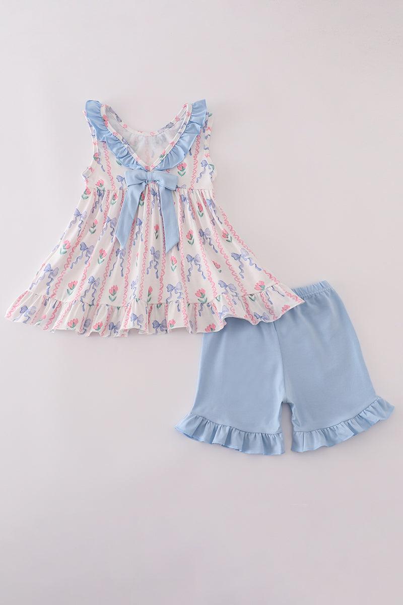 Blue floral bow ruffle shorts set Product Image