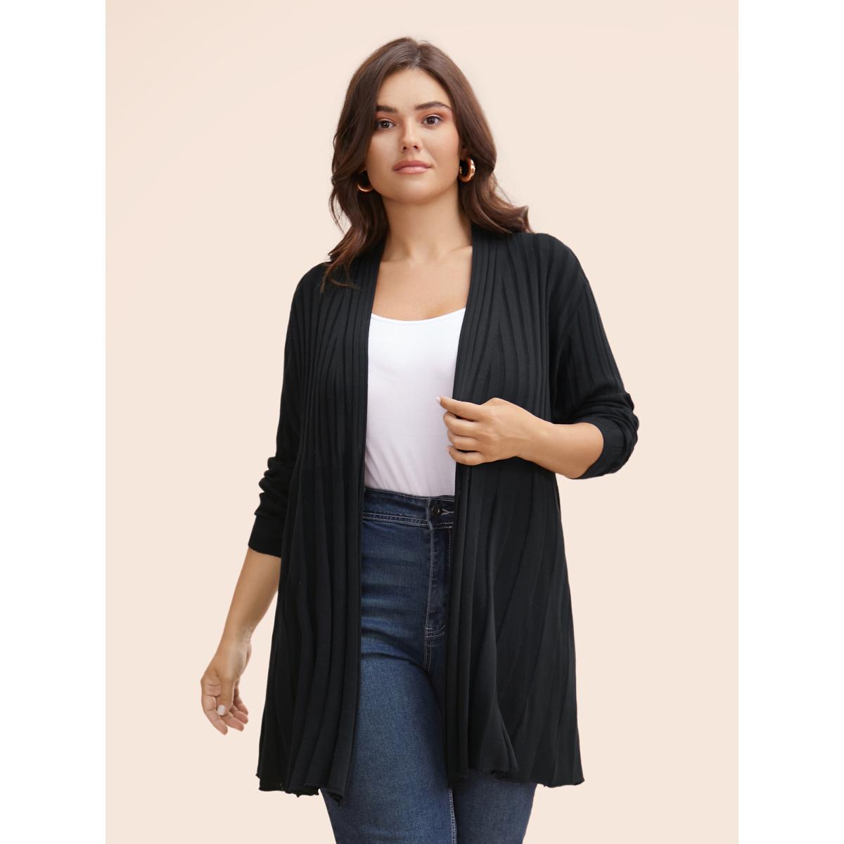 Plus Size Plain Textured Kimono Collar Cardigan Black Women Timeless Loose Long Sleeve Elegant Cardigans BloomChic 18-20/2X Product Image