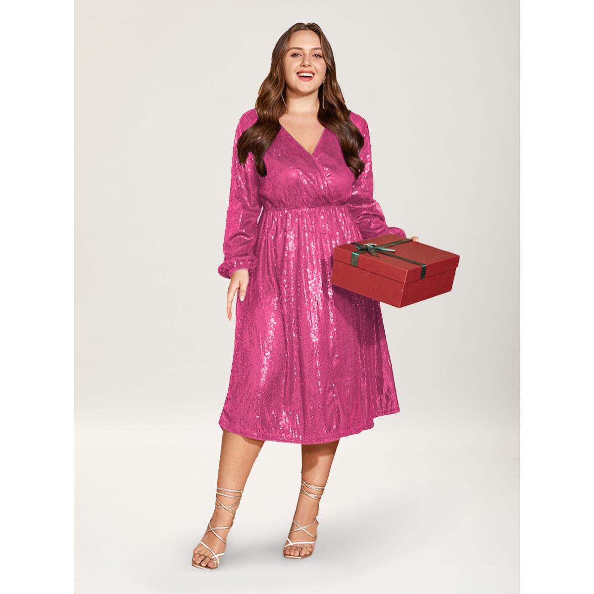 Plus Size Solid Pocket Lantern Sleeve Wrap Sequin Dress Peach Women Party Pocket Overlap Collar Long Sleeve Curvy Midi Dress BloomChic 18-20/2X Product Image
