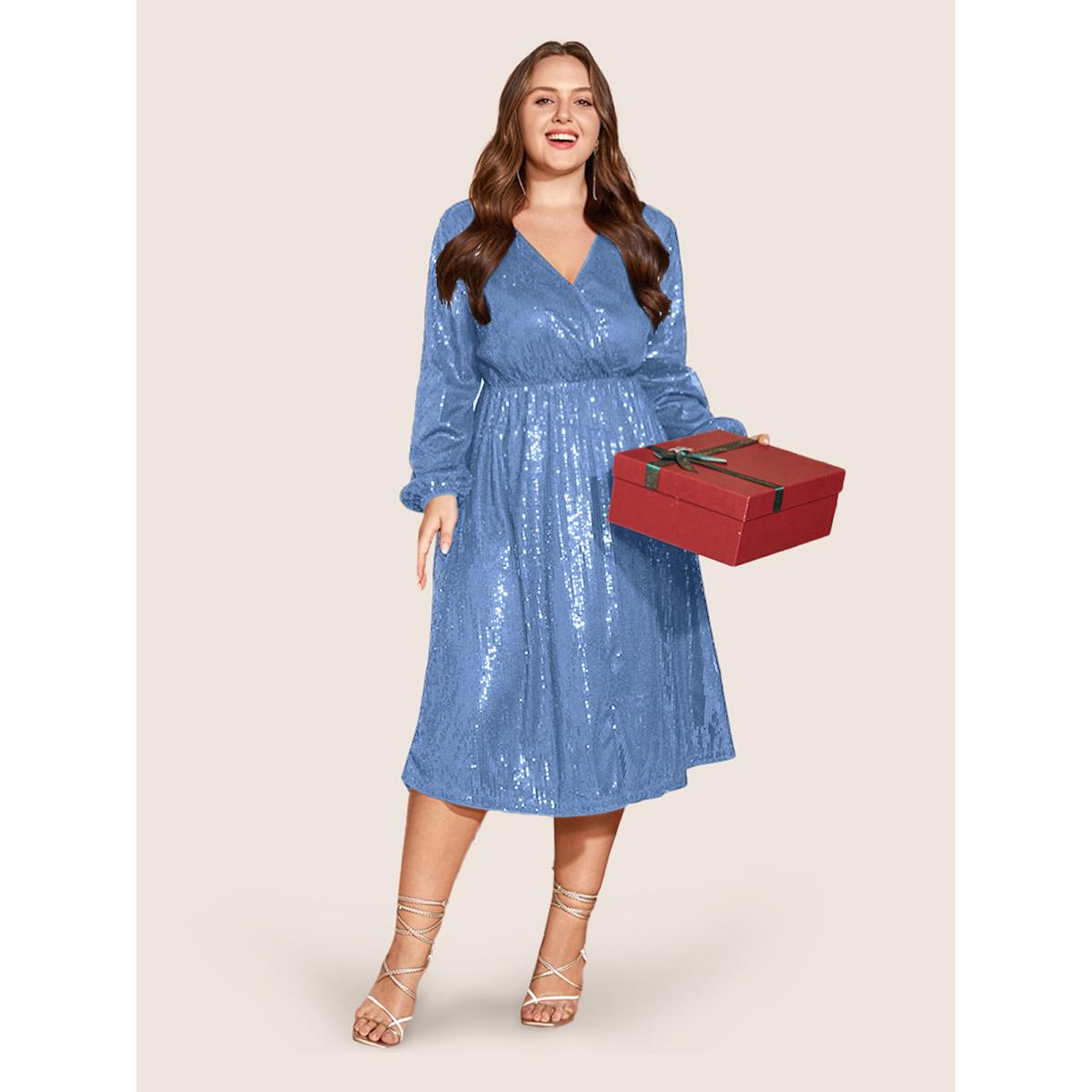 Plus Size Solid Pocket Lantern Sleeve Wrap Sequin Dress Skyblue Women Party Pocket Overlap Collar Long Sleeve Curvy Midi Dress BloomChic 10/M Product Image