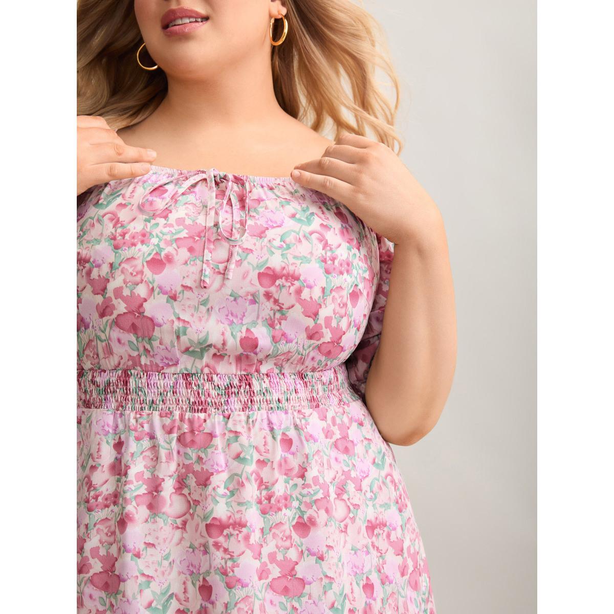 Plus Size Floral Print Shirred Waist Pockets Midi Dress Blush Women Timeless Tie knot Square Neck Half Sleeve Curvy BloomChic 30/6X Product Image