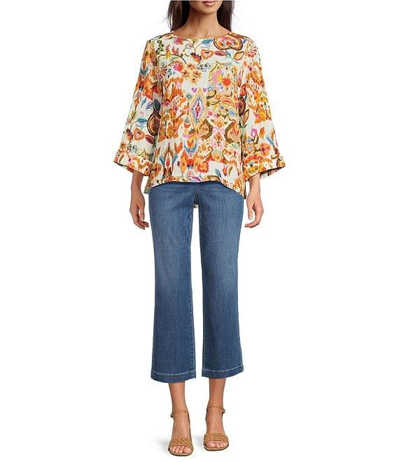 Tru Luxe Jeans Abstract Floral Crinkle Boat Neck 3/4 Sleeve Top Product Image