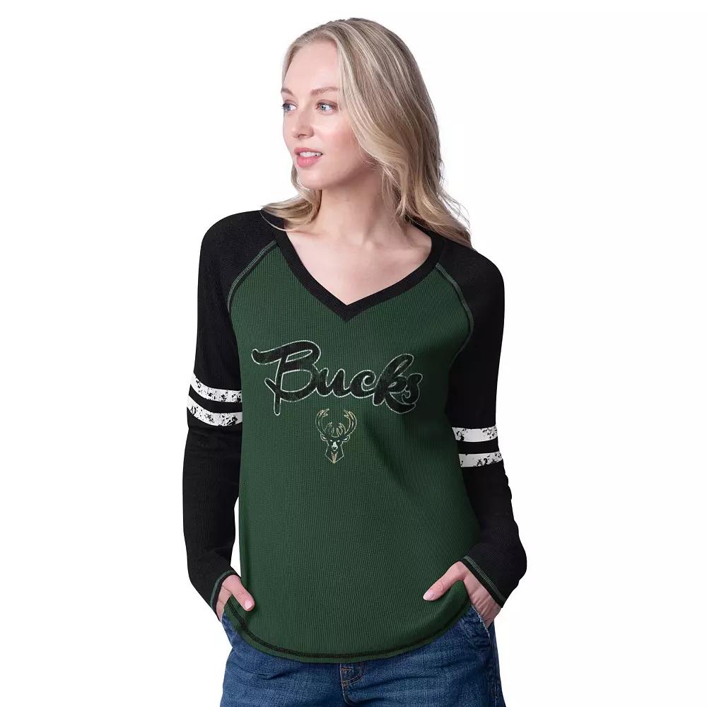 Women's G-III 4Her by Carl Banks Hunter Green/Cream Milwaukee Bucks Winner Waffle Knit Thermal Long Sleeve Tri-Blend T-Shirt,  Product Image